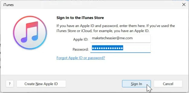 Apple ID و رمز عبور خود را در کادر متنی در پنجره بازشو وارد و روی دکمه "Sign In" کلیک نمایید